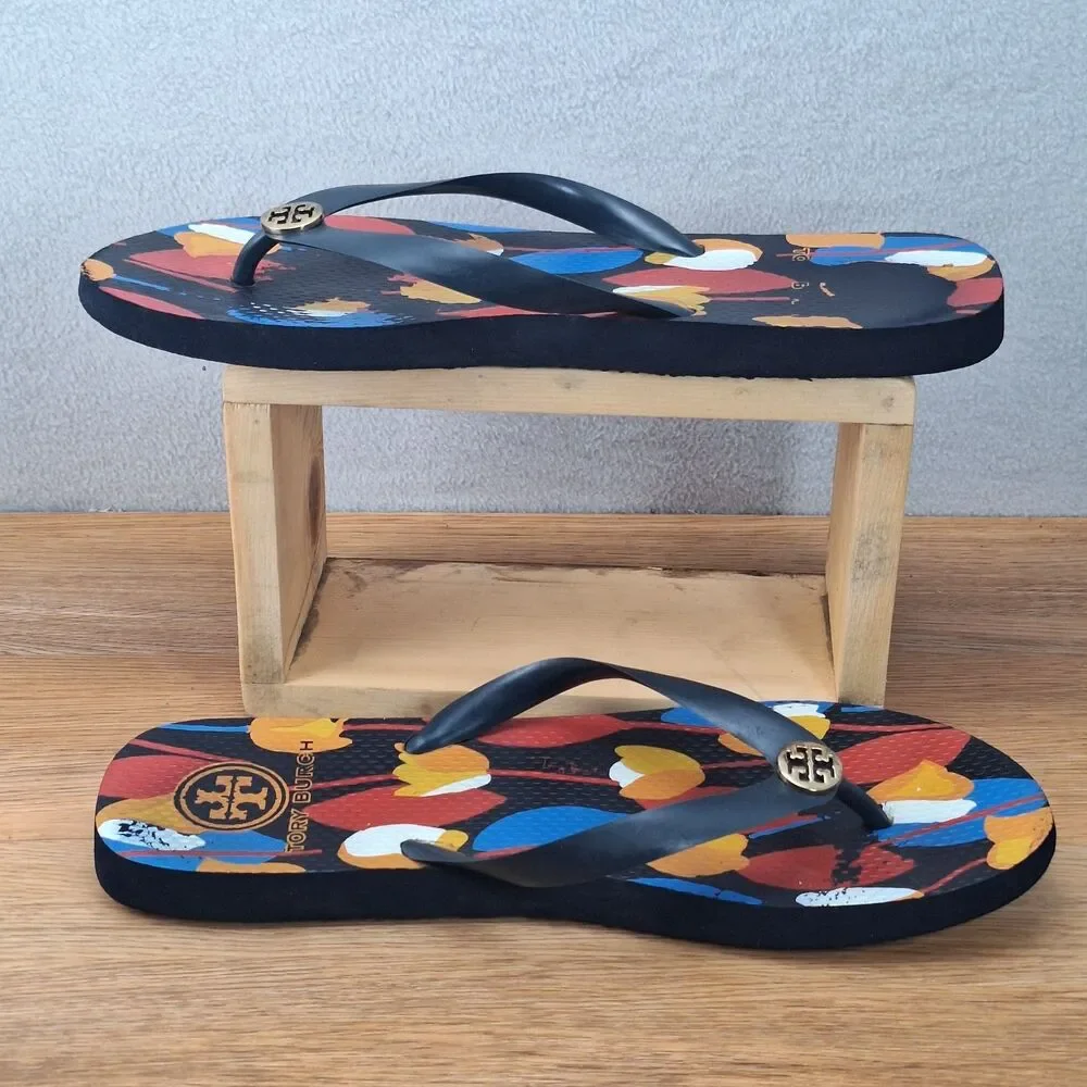 Tory Burch Women's 11 Thin Flip Flops Navy Blue Floral Print Logo Thongs Sandals